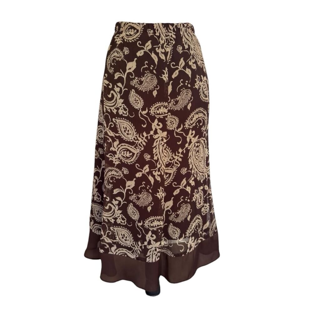 Y2K Brown beige paisley print midi skirt ruffle hem, elastic waistband, size 24W
